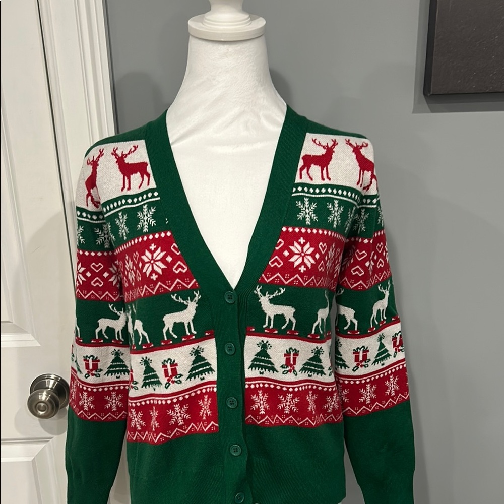Festive Green and Red Reindeer Cardigan
